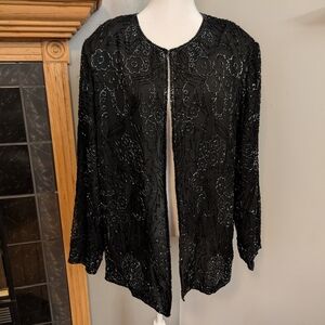 Scala Beaded Pure Silk Cocktail Jacket Hip Length Black Floral Beadwork Size XL